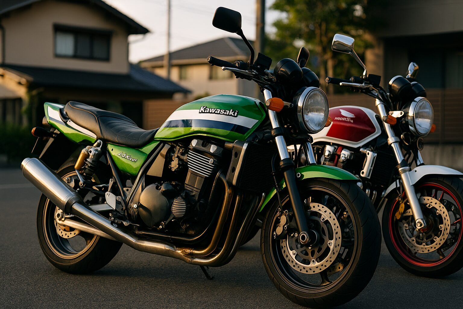 ZRX1100とCB1300が並んで停車する様子