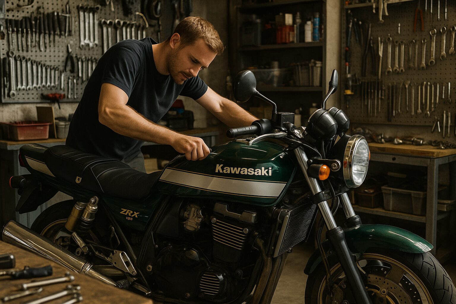 ガレージでZRX1100を整備する整備士と工具