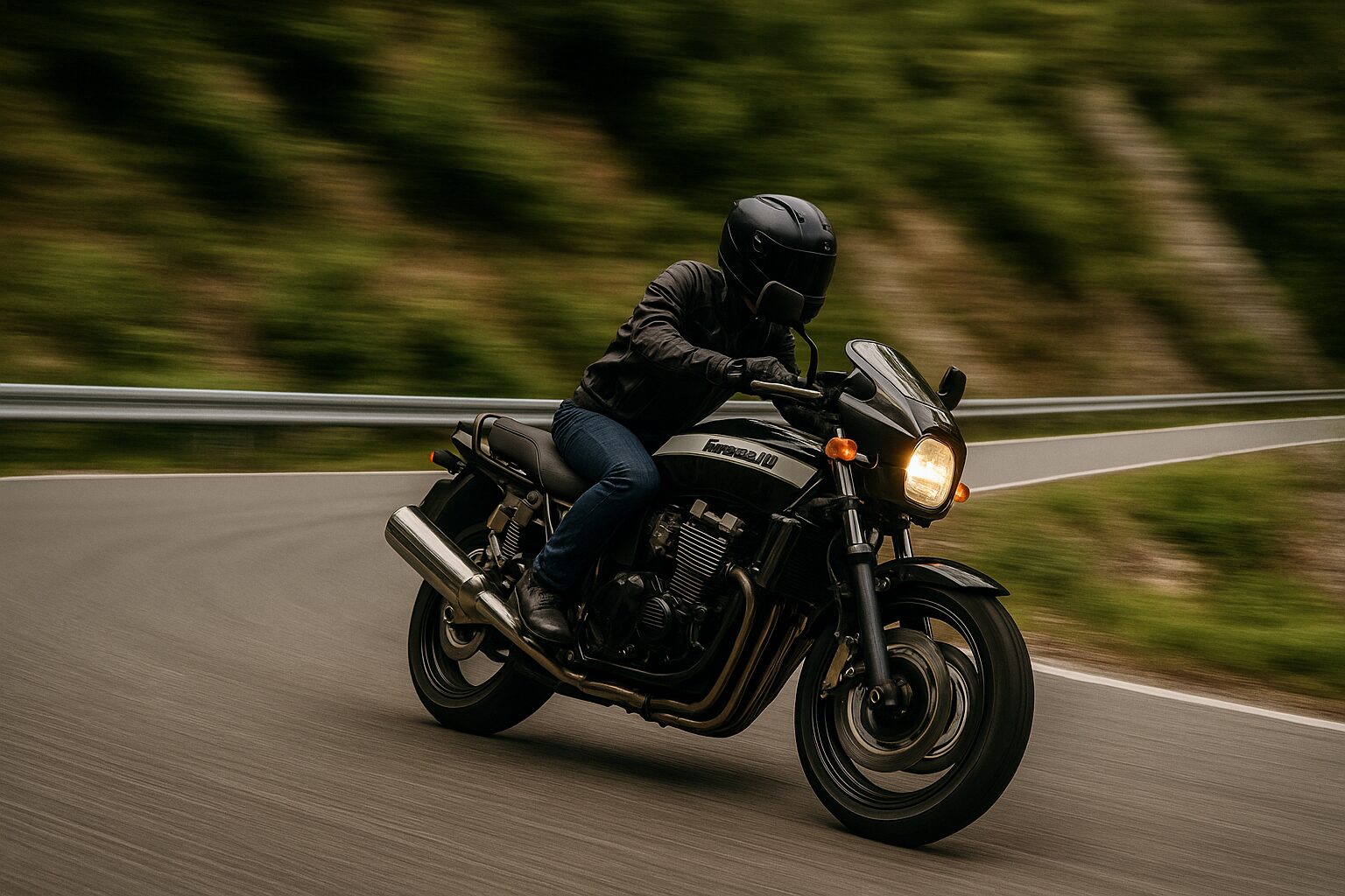 峠道を走るZRX1100の走行シーン