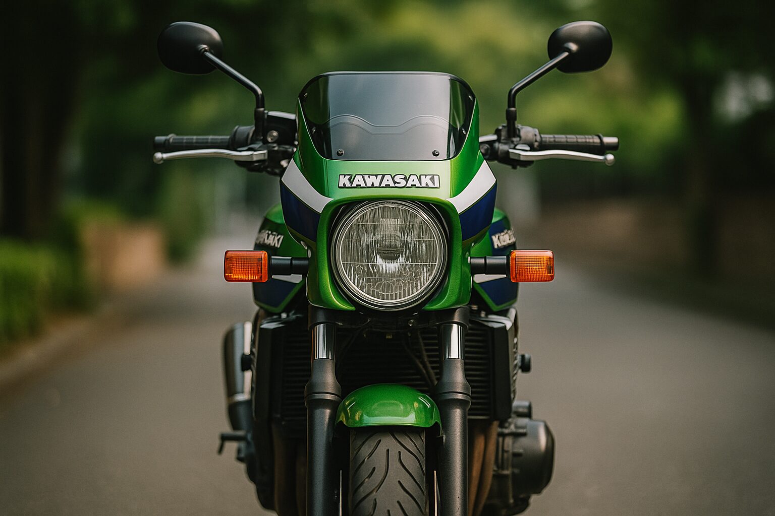 ZRX1100のフロントビューと特徴的なヘッドライト周り