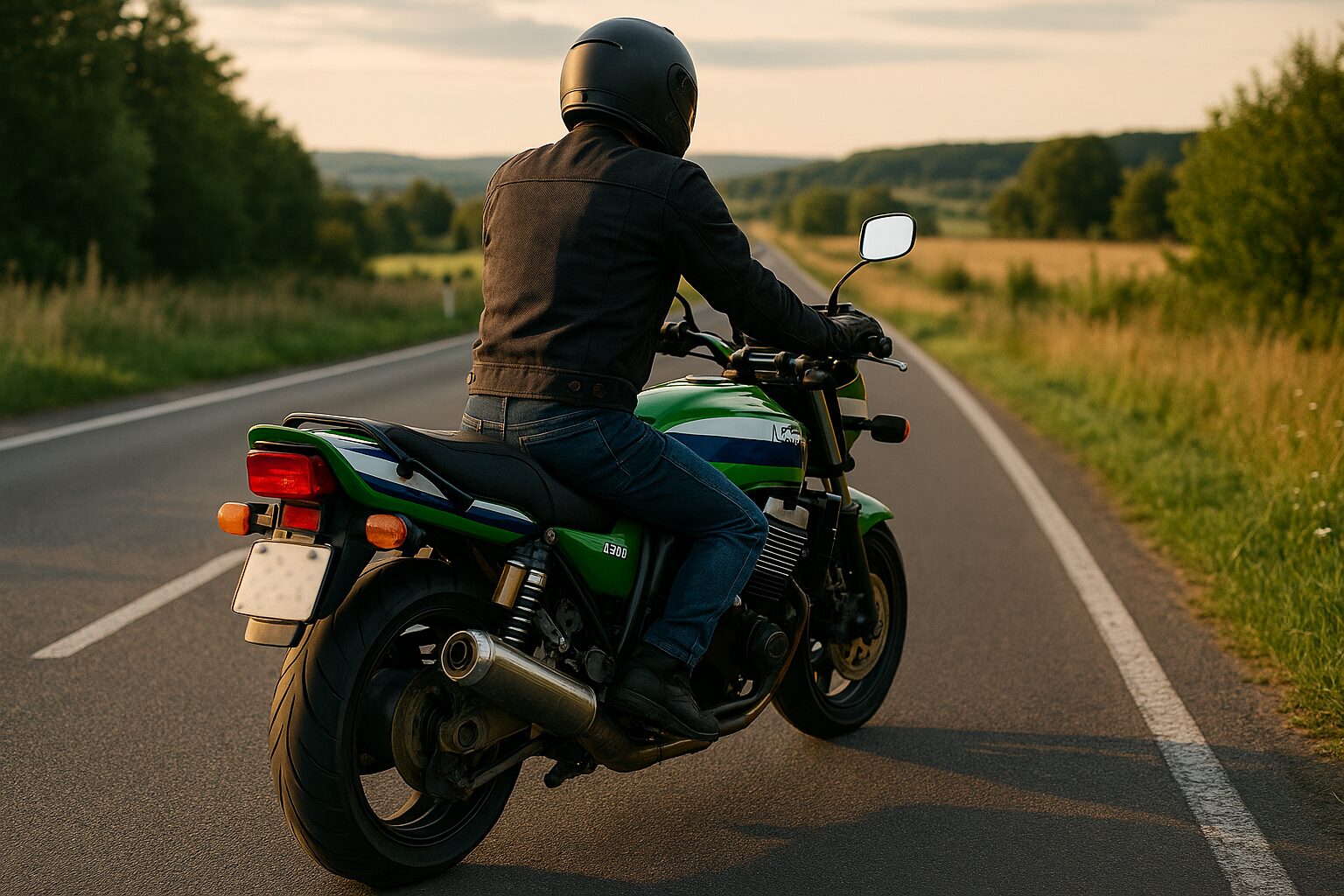 郊外の一本道をツーリングするZRX1100の後ろ姿