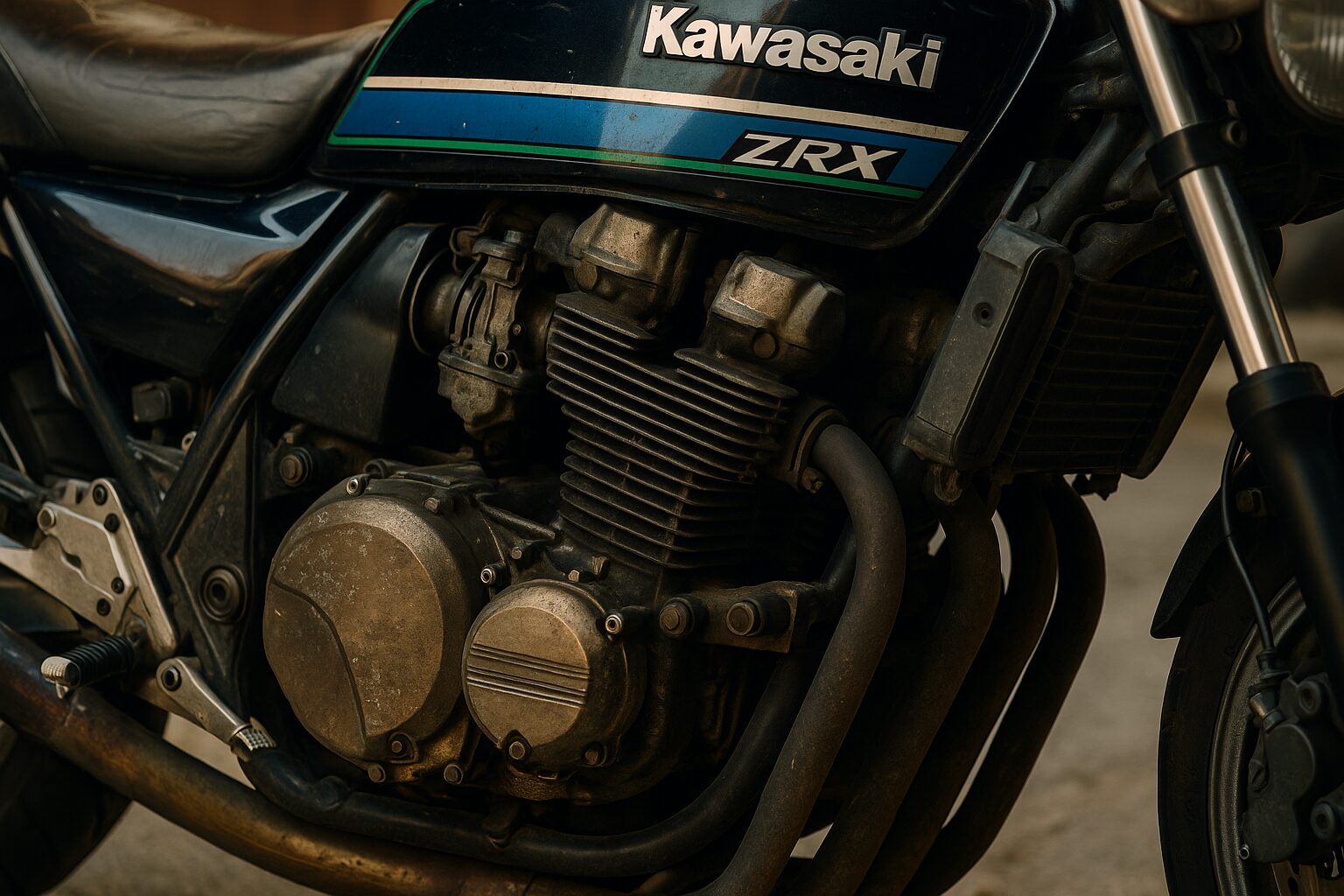 使用感のあるZRX1100のエンジン周辺のクローズアップ