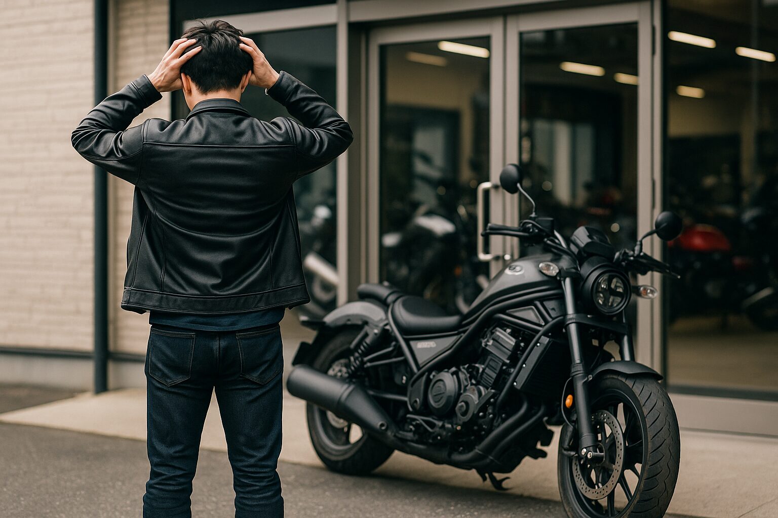 レブル1100の前で頭を抱えながら立ち尽くすライダーの後ろ姿。バイクショップの前で購入を迷う様子がうかがえる。