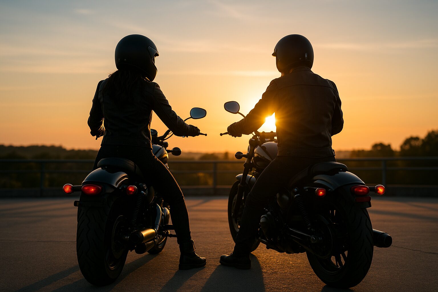 夕方の郊外でナイトスターにまたがる男女ライダーが並んで停車している後ろ姿