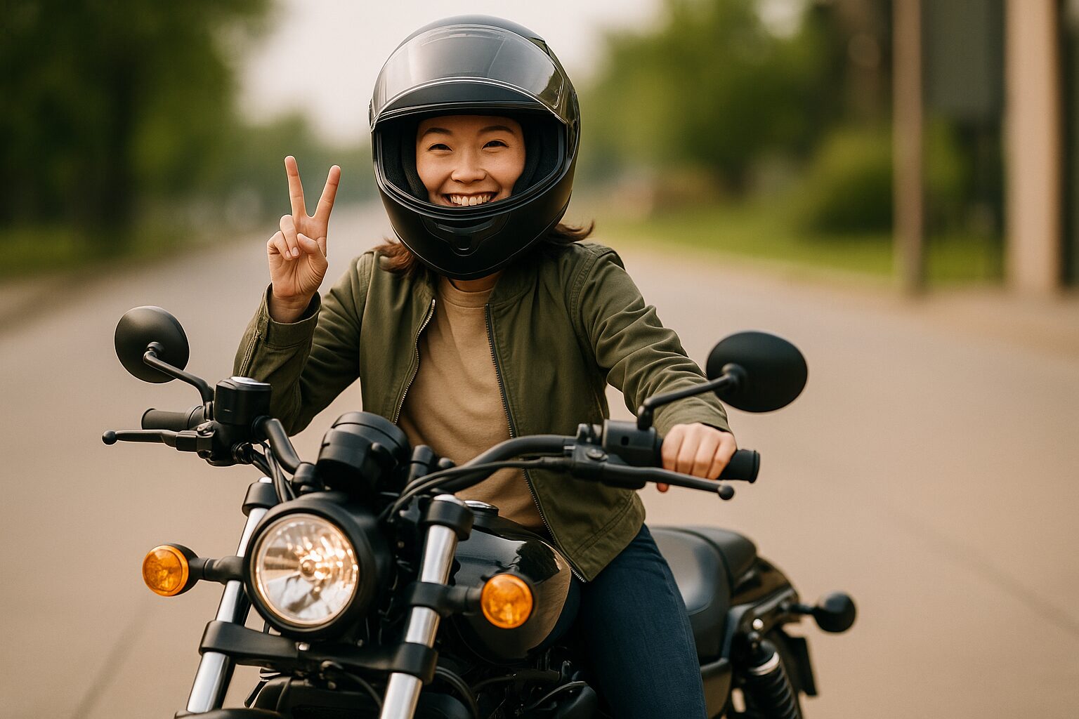 ナイトスターにまたがり笑顔でピースする女性ライダー