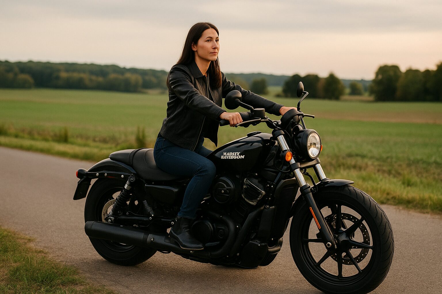 郊外の道沿いでナイトスターにまたがり遠くを見つめる女性ライダーの横顔