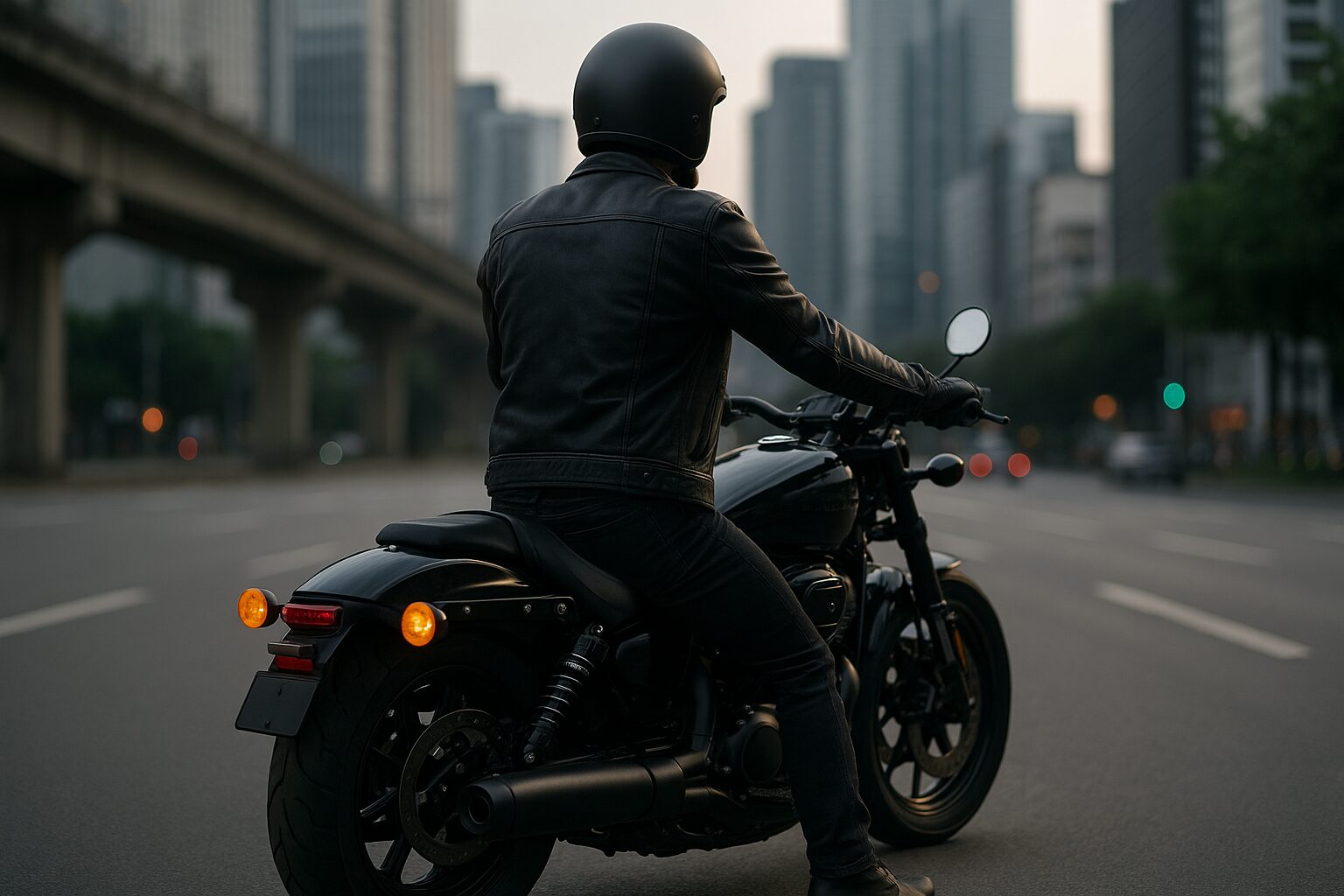 都会の大通りでナイトスターにまたがる男性ライダーの後ろ姿