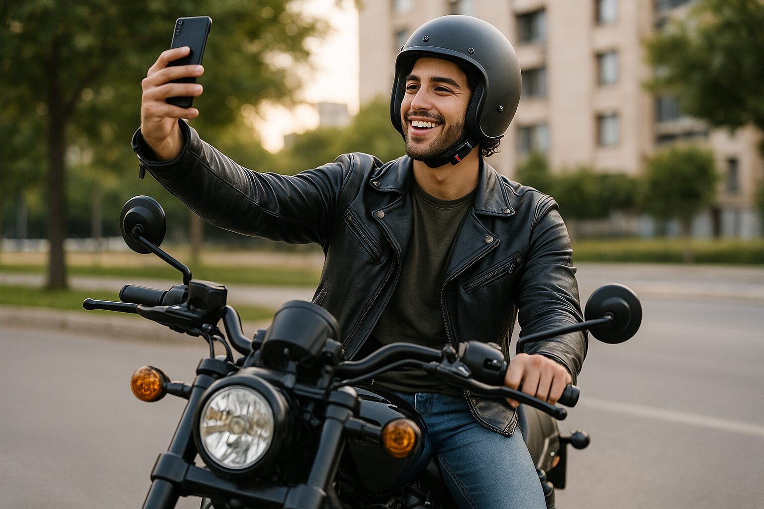 ナイトスターにまたがり笑顔でスマホ自撮りする若い男性ライダーのアップ