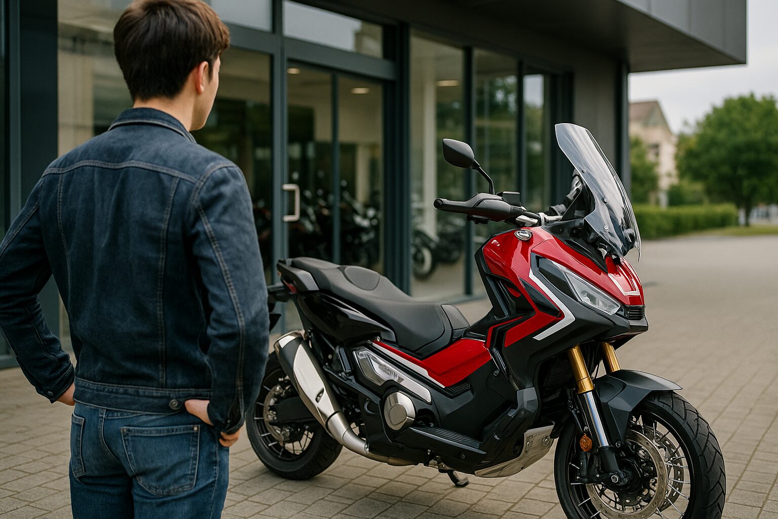 X-ADVを見つめる若い男性ライダーの後ろ姿(展示場・屋外)