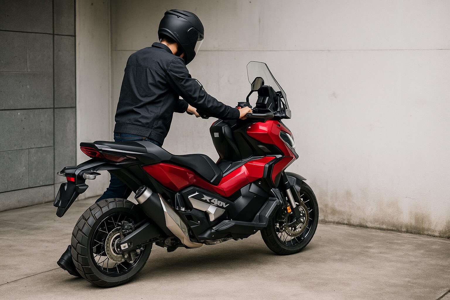 駐車場でX-ADVを押し歩きしているライダー