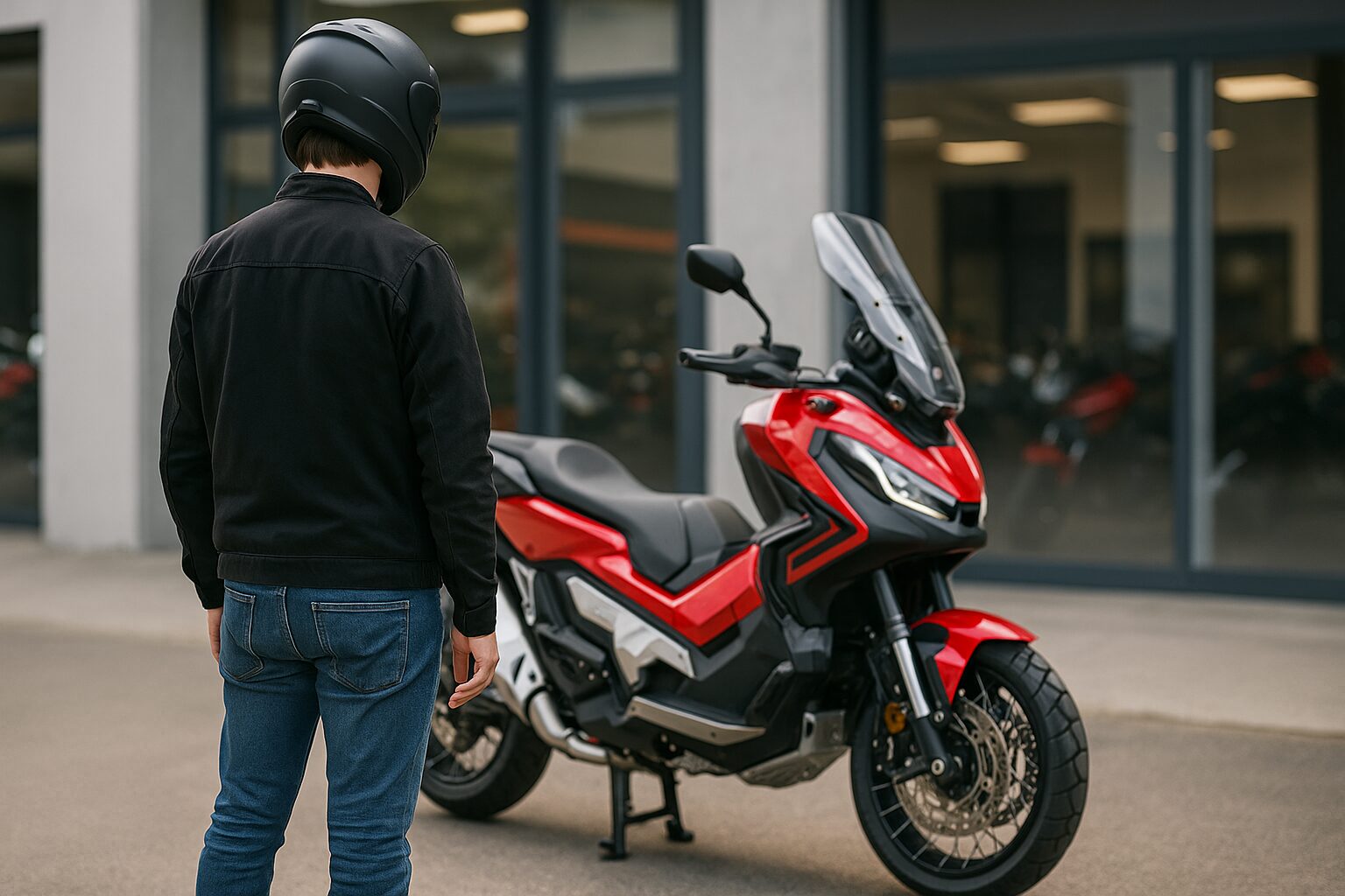 X-ADVを前に立ち尽くすライダーの後ろ姿（納車直後・屋外バイクショップ）