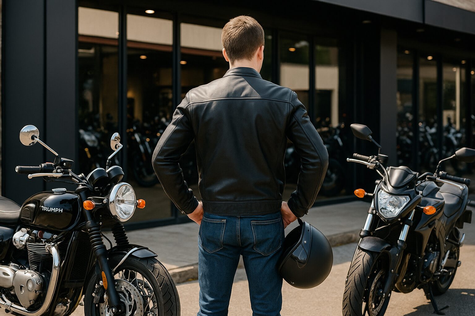 トライアンフと国産バイクを見比べるライダー