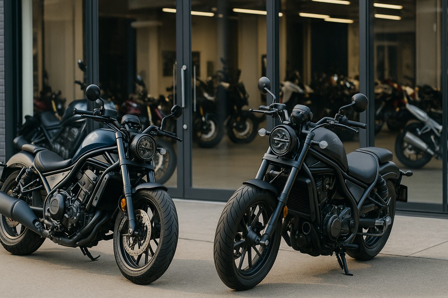 レブル1100のDCTモデルとMTモデルが並ぶバイク店の展示場。比較するように眺めるライダー。