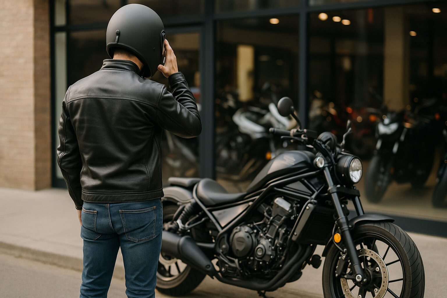 レブル1100の前で立ち止まり、購入を迷っているライダーの後ろ姿。バイクショップ前で撮影。
