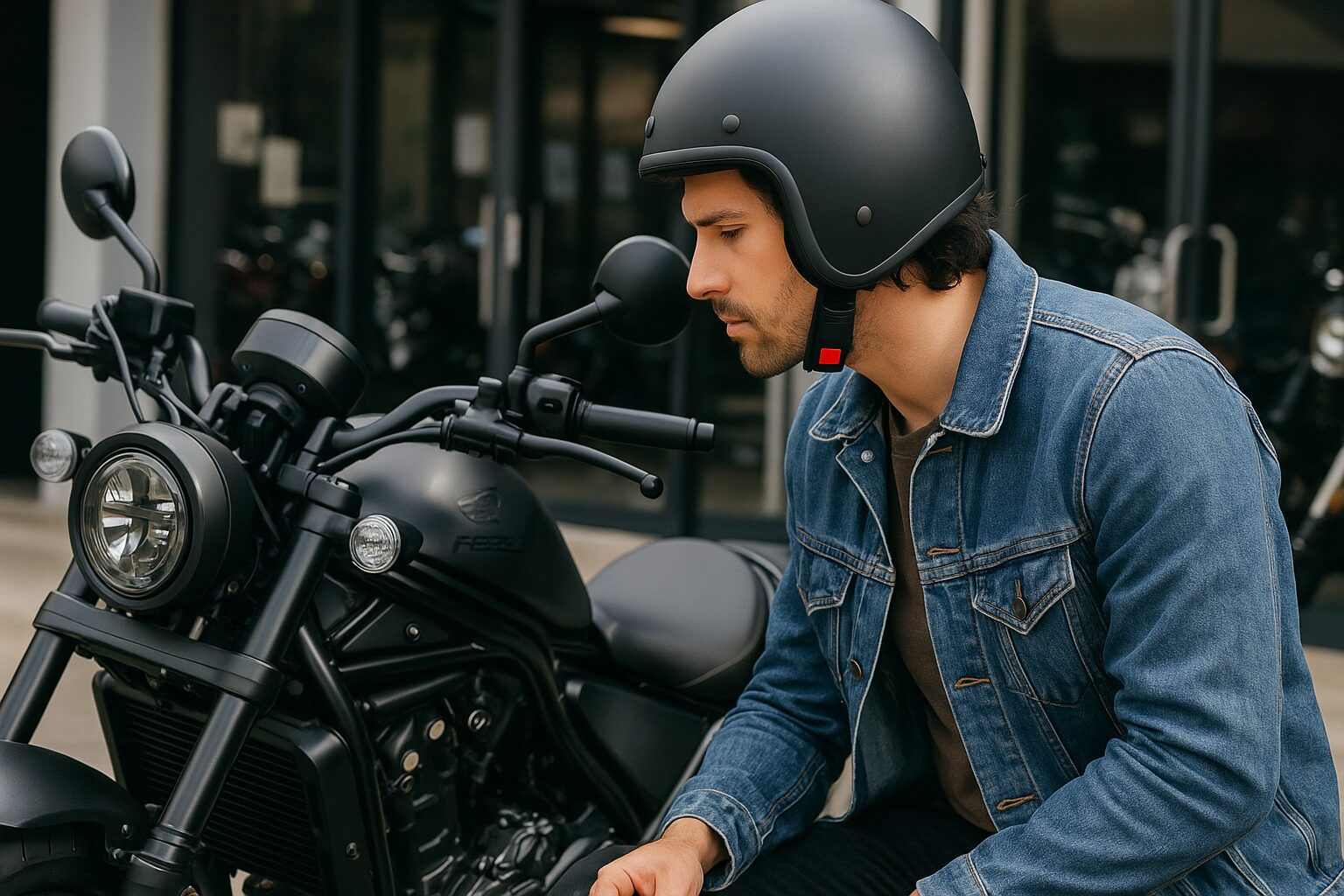 中古のレブル1100を前に、車体を細かくチェックするライダーの横顔。
