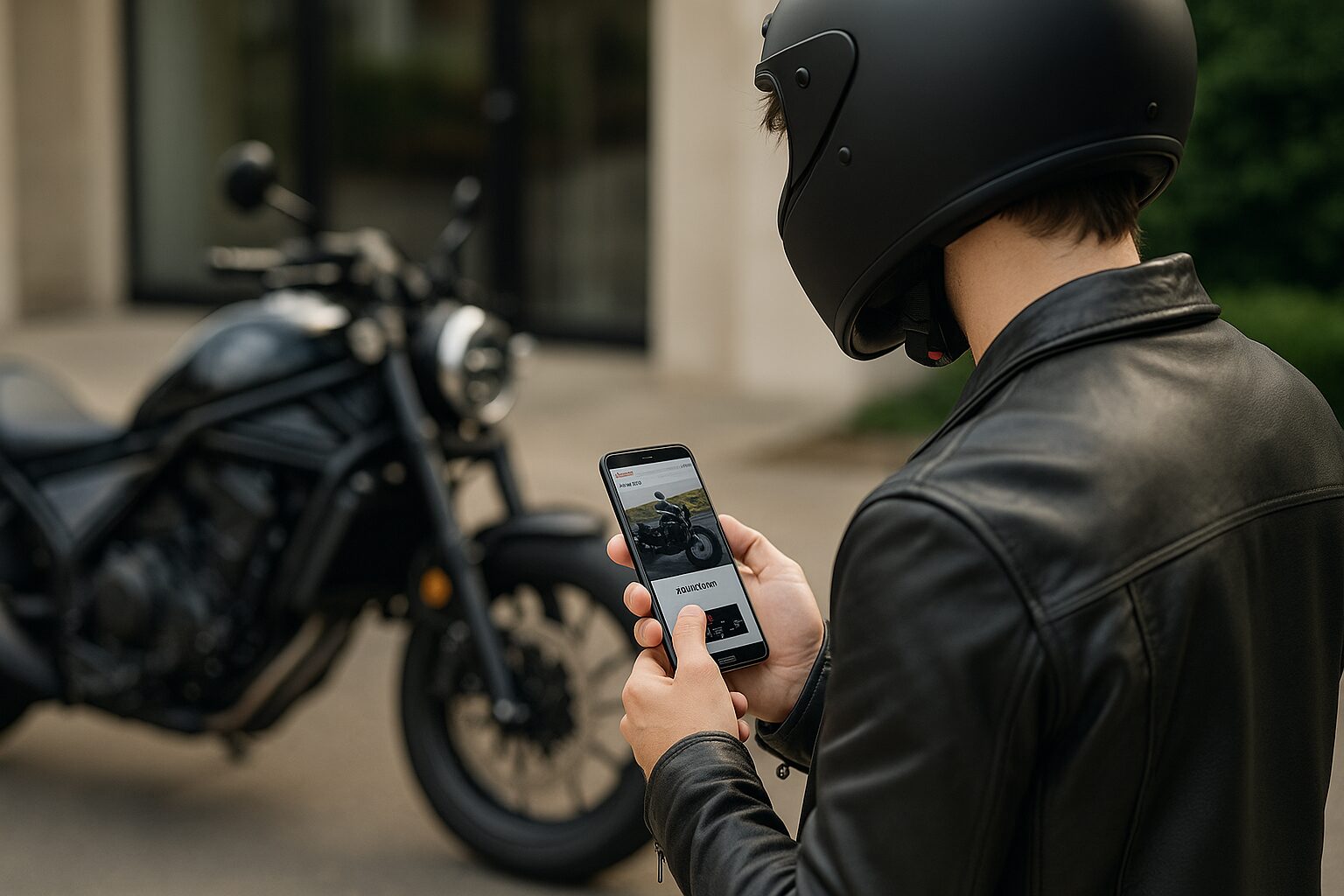  レブル1100の前でスマホを操作し、ホンダの公式ページを確認するライダー。
