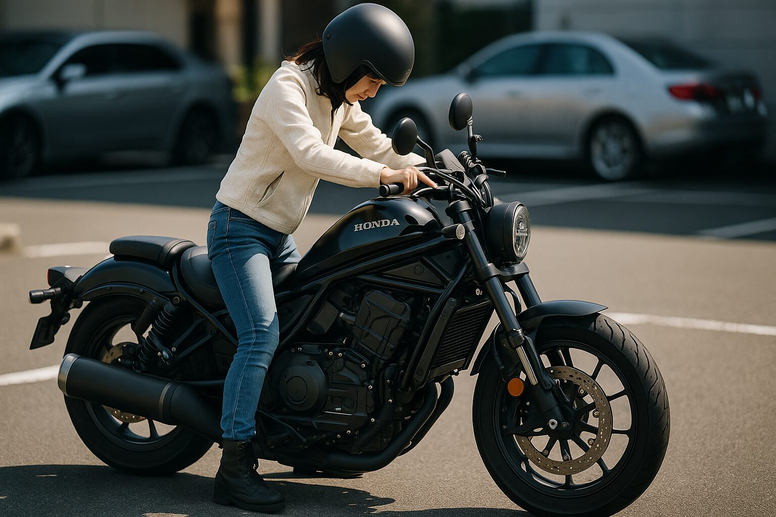 小柄な女性ライダーがレブル1100にまたがり、足つきを確認している様子。駐車場にて撮影。