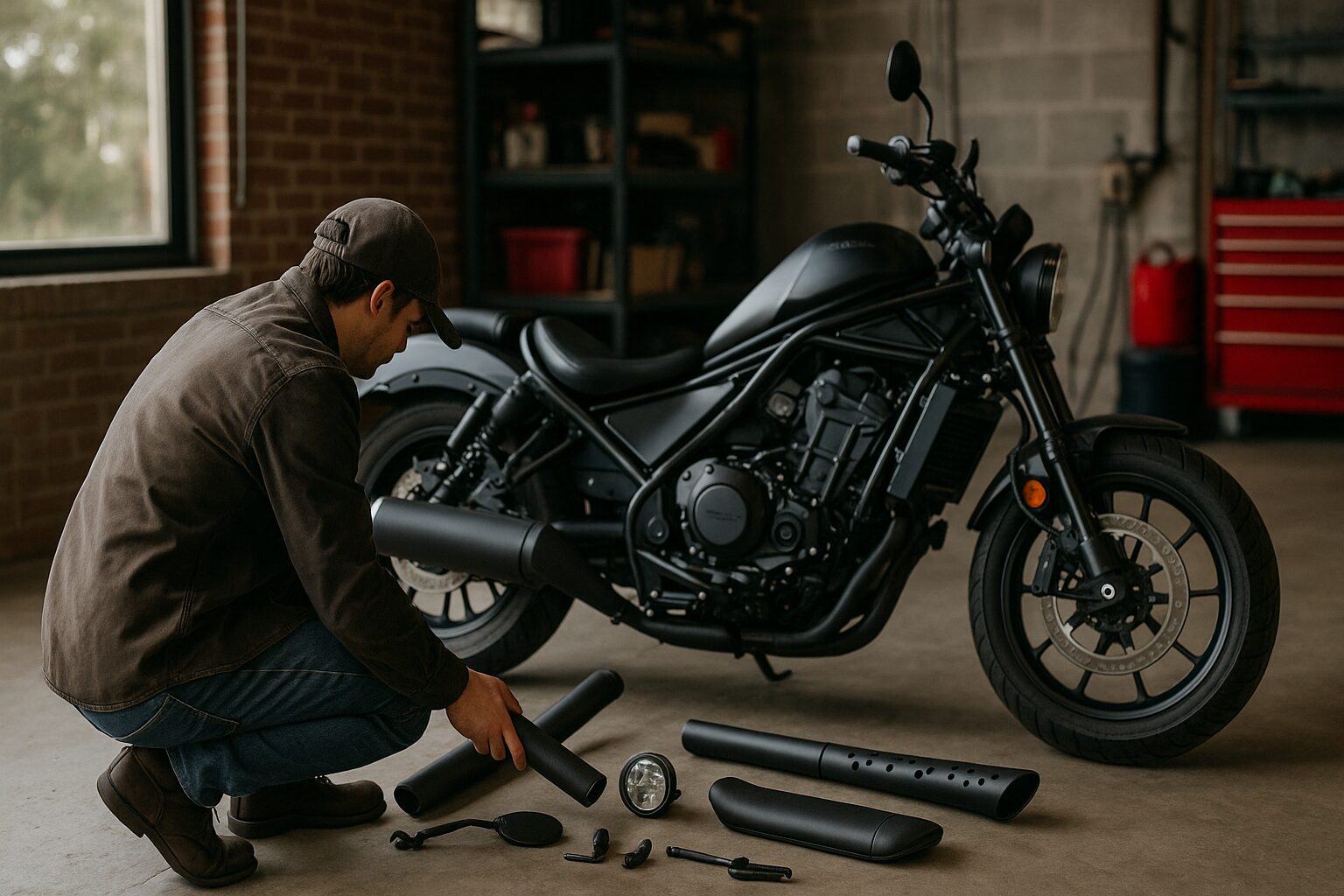 レブル1100のカスタムパーツをガレージで並べて検討する男性ライダー。自然光が差し込む室内。
