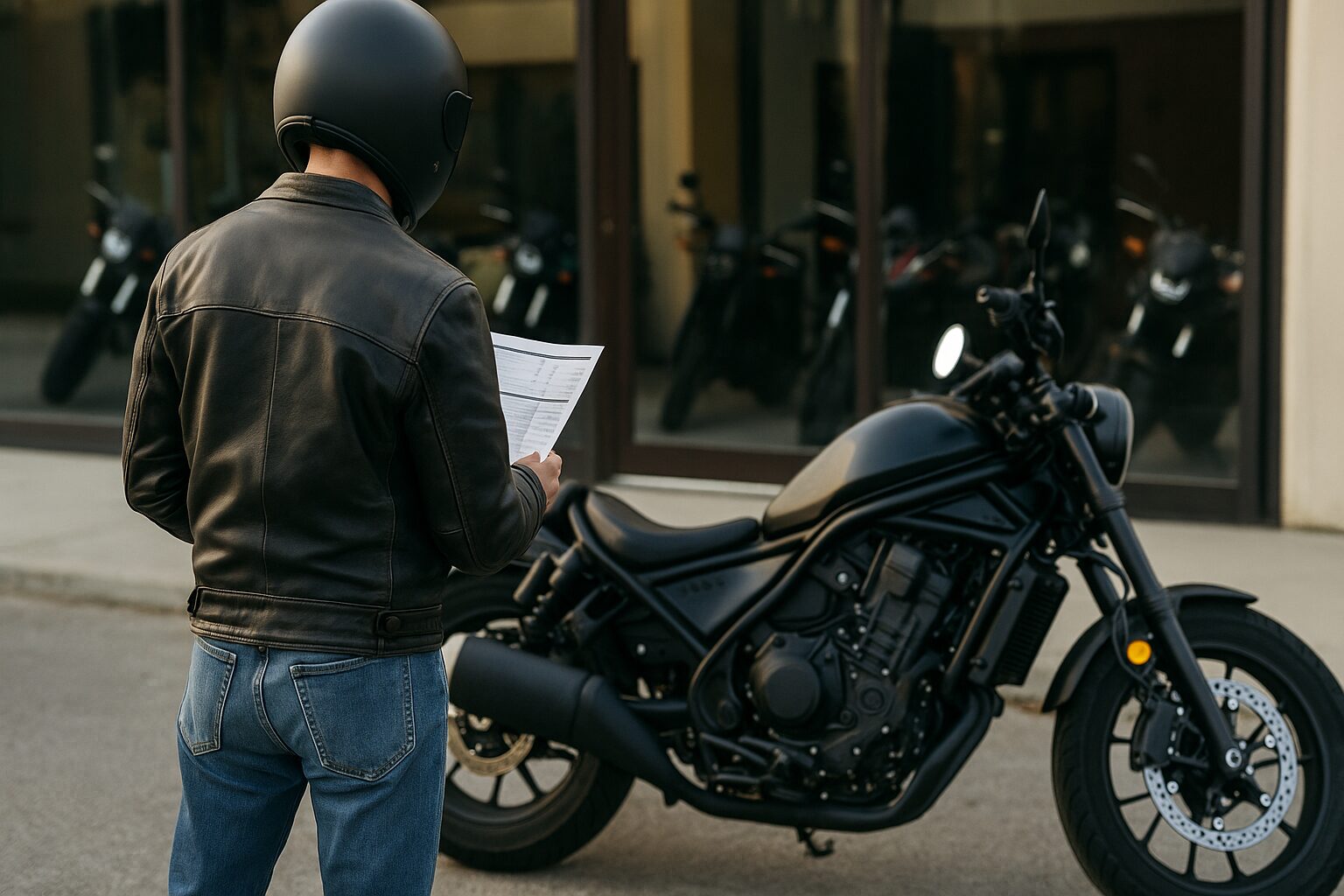 バイクショップ前で見積書を手にしながらレブル1100を見つめるレブル1100 後悔で悩むライダーの後ろ姿。