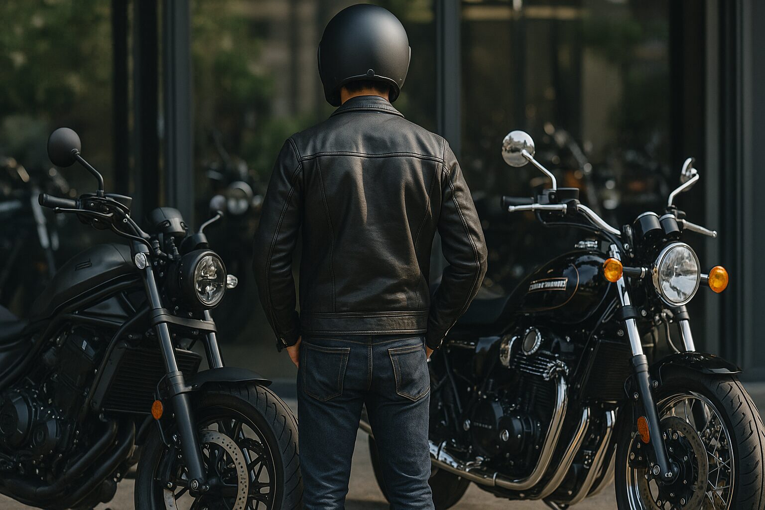  レブル1100とハーレー（Z900RS風モデル）を見比べるライダー。屋外展示場で比較中。