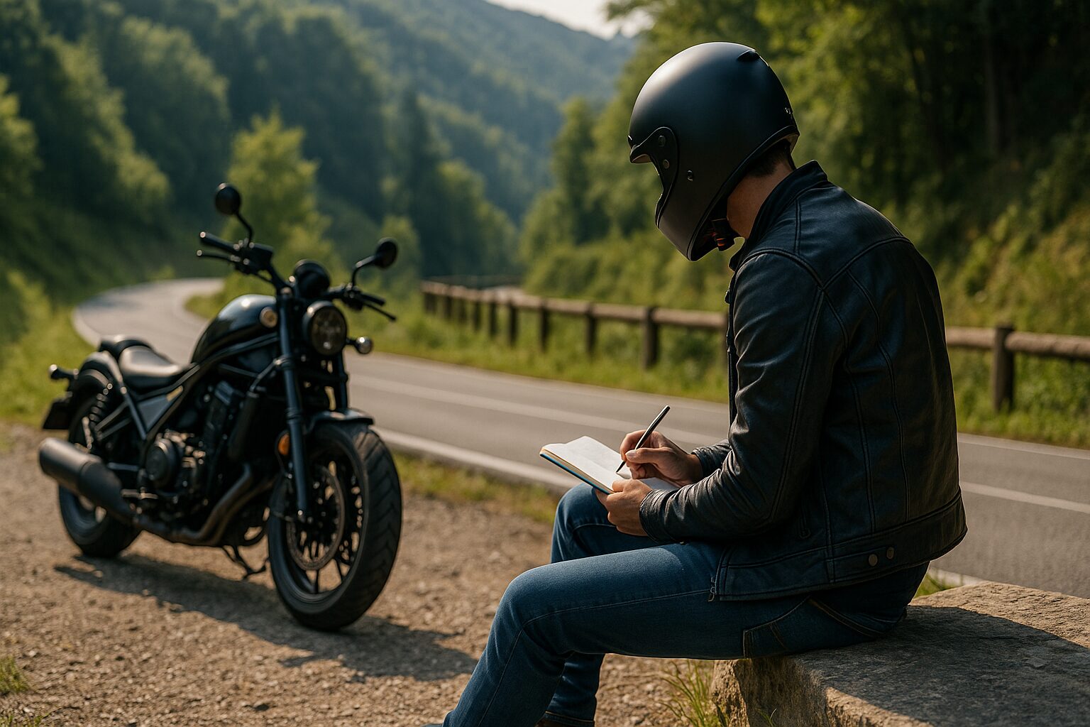 山道の休憩ポイントでノートを開いているライダー。横にレブル1100が停まっている。