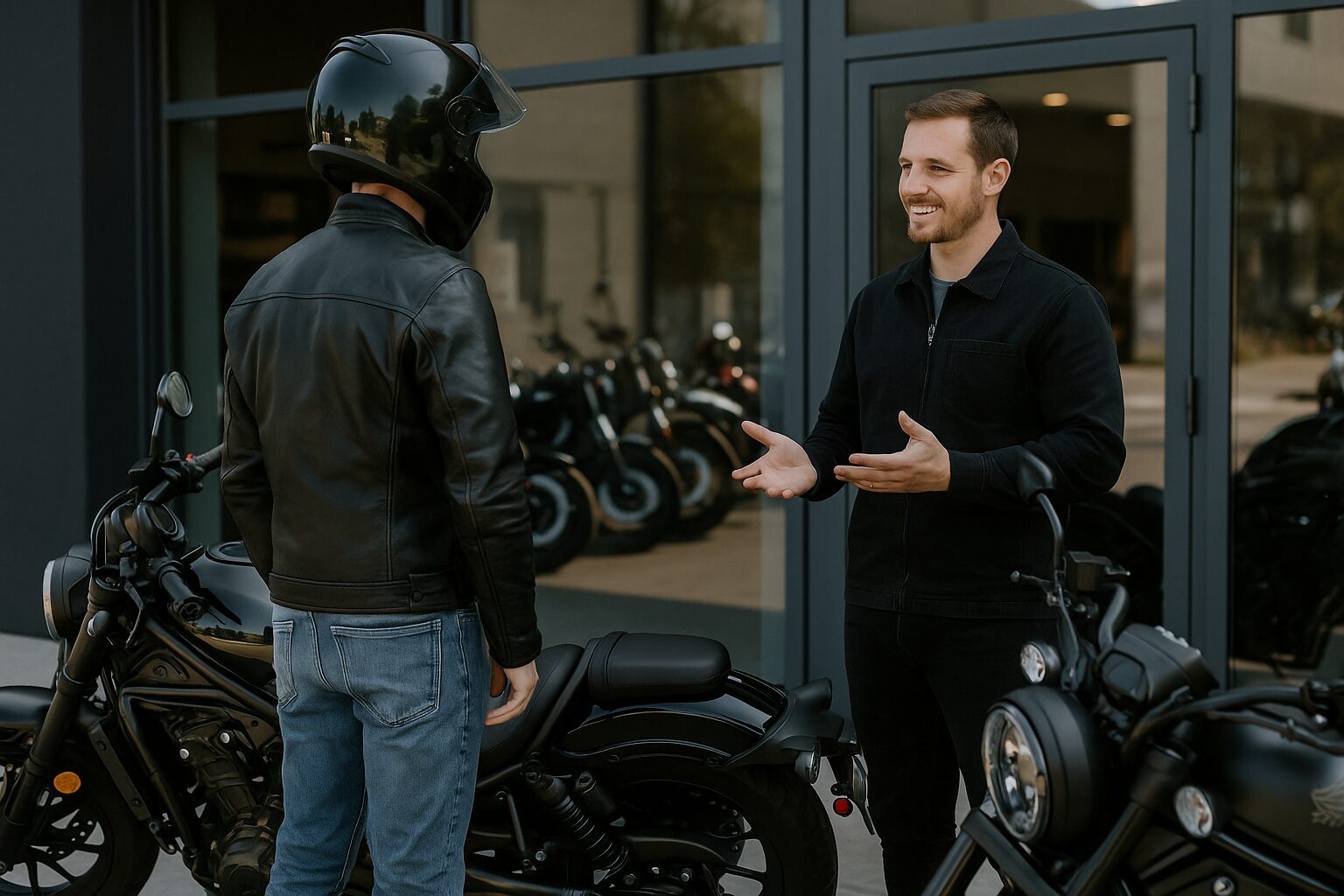 試乗前にスタッフと話しながら情報収集をするライダー。バイクショップの店先で撮影。