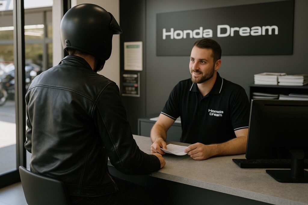 Honda Dream店のカウンターで、スタッフと保証内容を確認しているライダー。