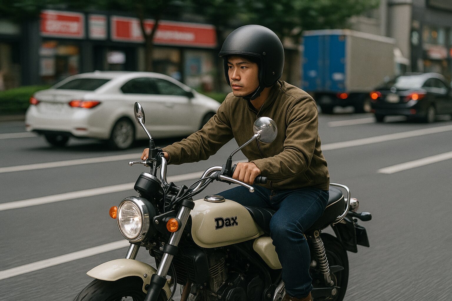 都市部の大通りを走るダックス125と日本人ライダーの走行シーン