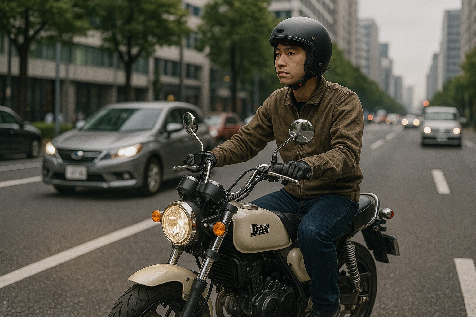 都市部の大通りを走るダックス125と日本人ライダーの走行シーン