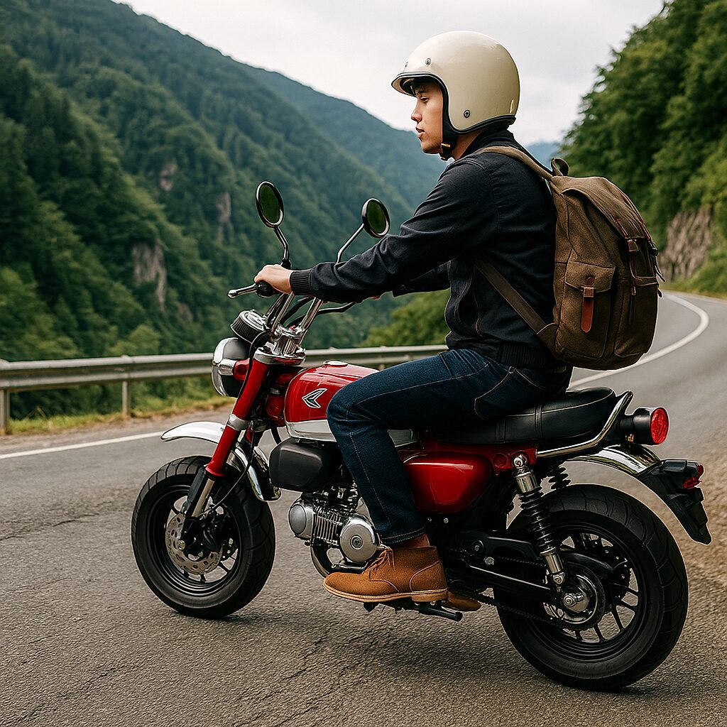 山間部のワインディングロードを走る赤いダックス風125ccミニバイクと日本人ライダーの走行シーン。