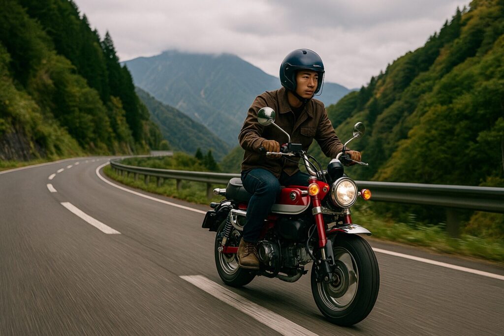 坂道の山岳道路を登る赤いダックス125と日本人ライダー