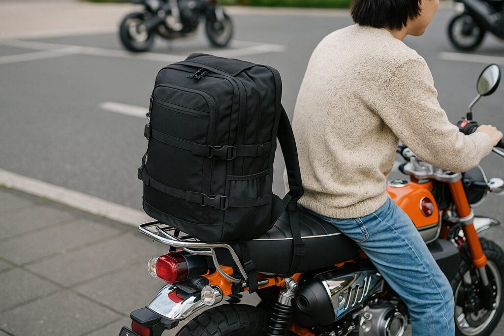 リアキャリアに大型バックパックを積載したオレンジのダックス風125ccと日本人ライダー。