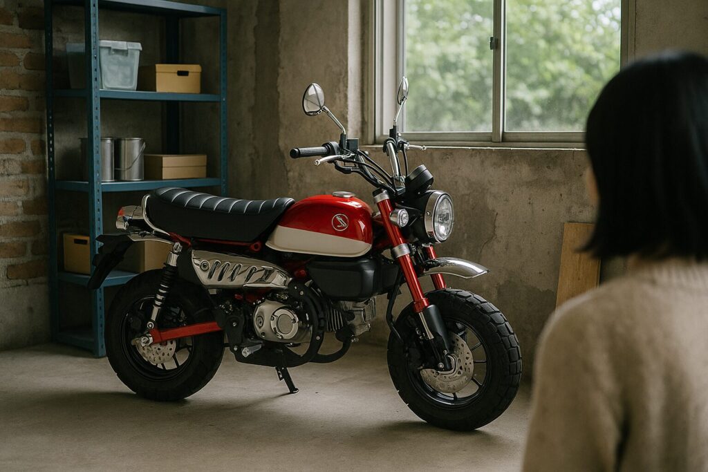 ガレージ内で赤いダックス125を前に購入を検討する日本人ライダー
