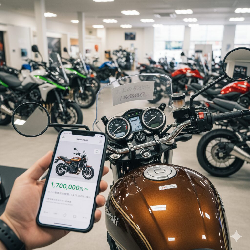 Z900RSのハンドル越しに、スマートフォンの画面で新車価格を上回る中古価格が表示されている様子。