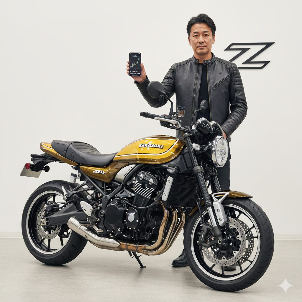 Z900RS SE（イエローボール）のバイクの隣で、オーナーがスマートフォンの画面で高騰する買取価格を表示している様子。