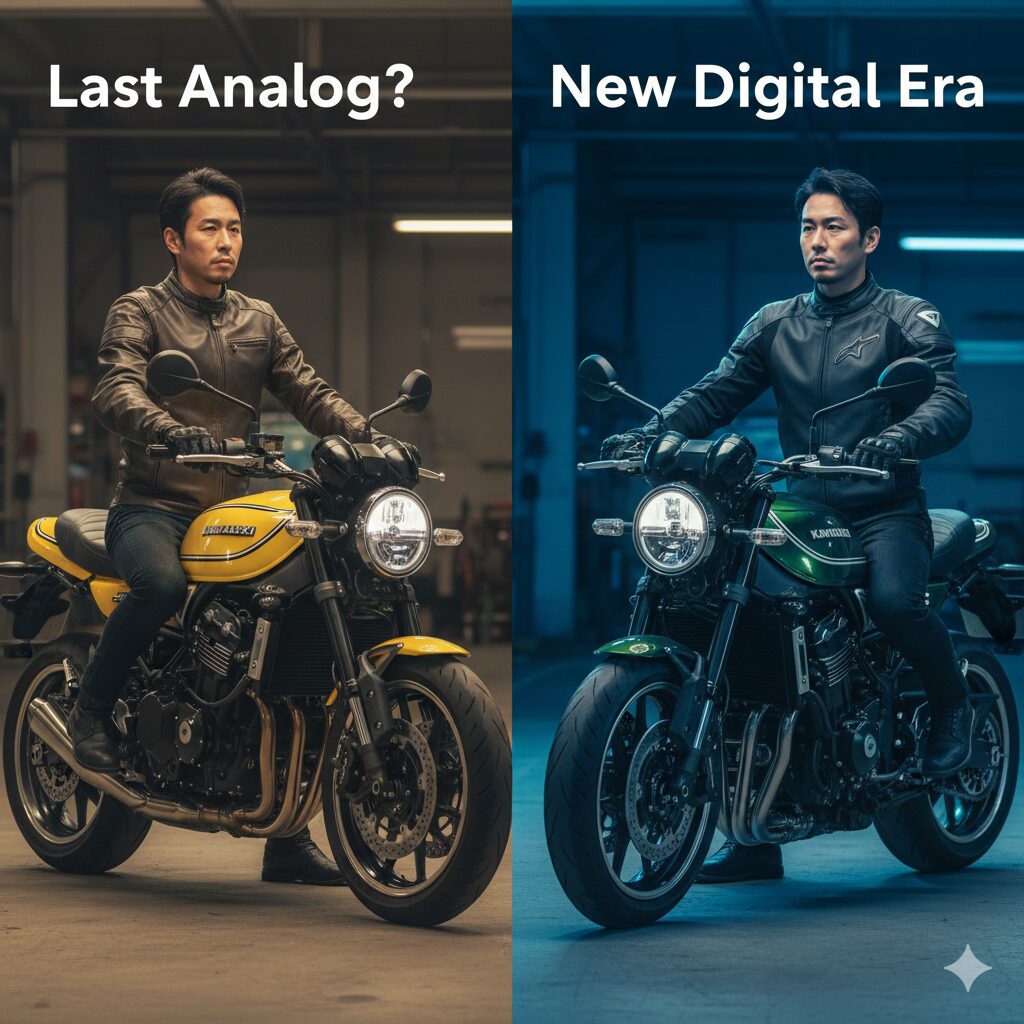 右側に電子制御化された最新モデルのZ900RSに跨るライダーと、左側に現行モデルのZ900RSに跨るライダーが、それぞれのバイクを見つめている対比画像。