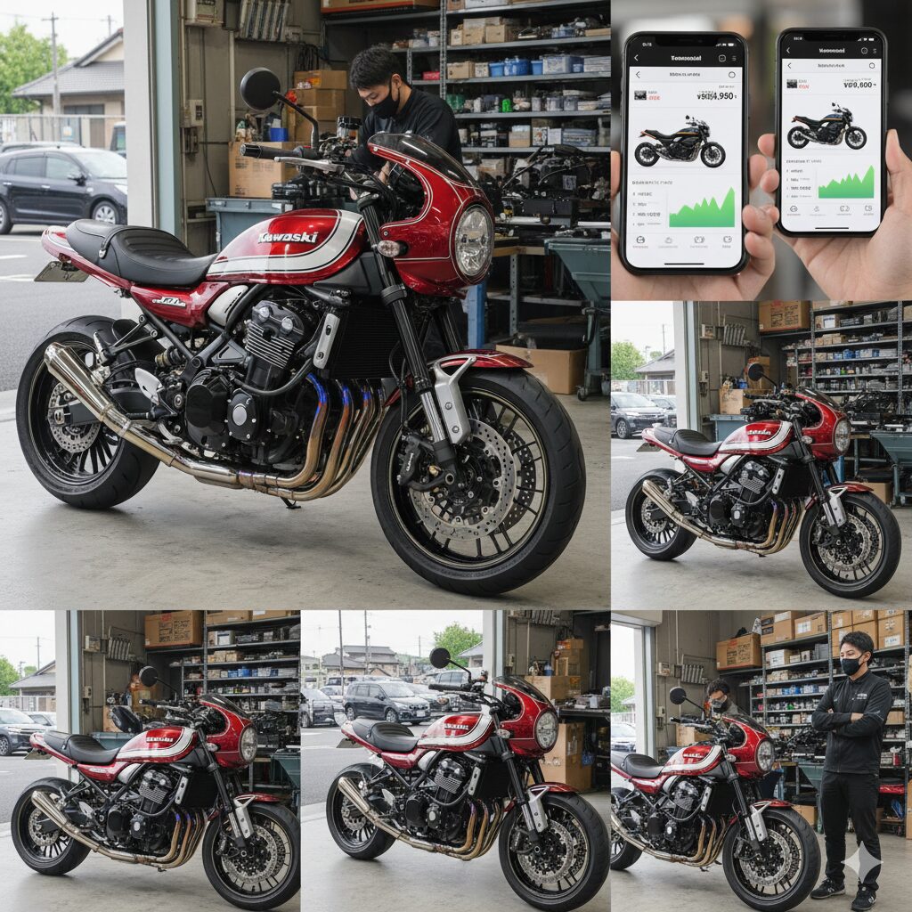 バイクショップの整備スペースで、カスタムされたZ900RS CAFEが手前にあり、奥では整備士が別のZ900RSを整備している。