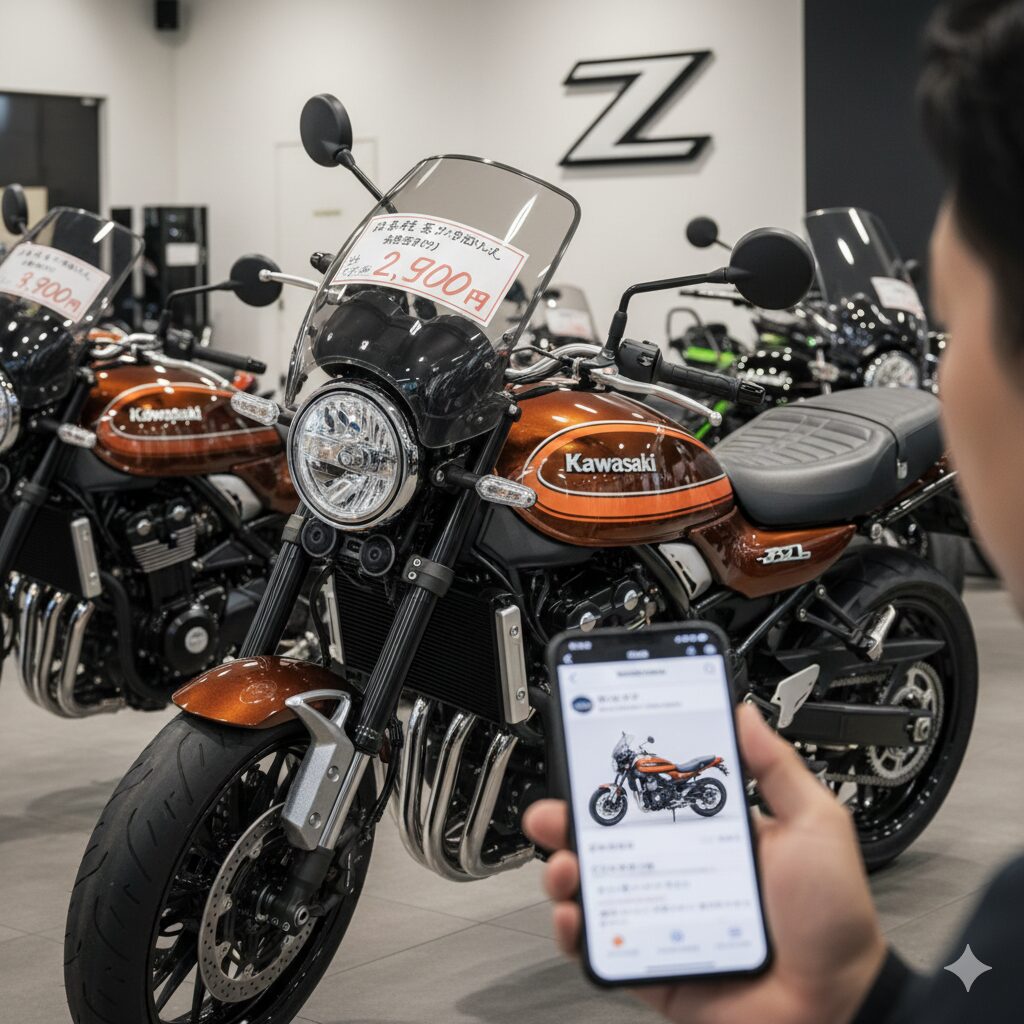 バイクショップの店内で、高値で販売されているZ900RSの中古車と、スマートフォンの画面に表示された高額な価格を見比べる人の手