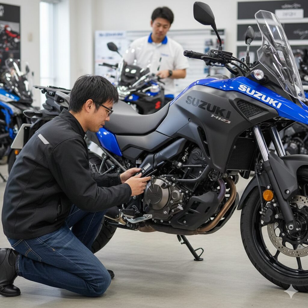 中古バイクショップで、Vストローム250SXのエンジン部分をしゃがみこんでチェックしている日本人ライダー。店員が隣で説明しています。