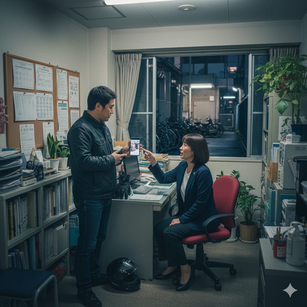 バイクの駐車場所について管理会社の担当者と交渉する日本人男性。スマートフォンで駐輪場の写真を見せている。