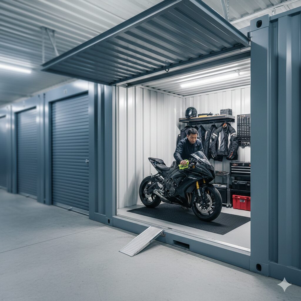 レンタルコンテナ内でバイクをメンテナンスする日本人男性。ヘルメットやジャケットなどの装備も整理されている。