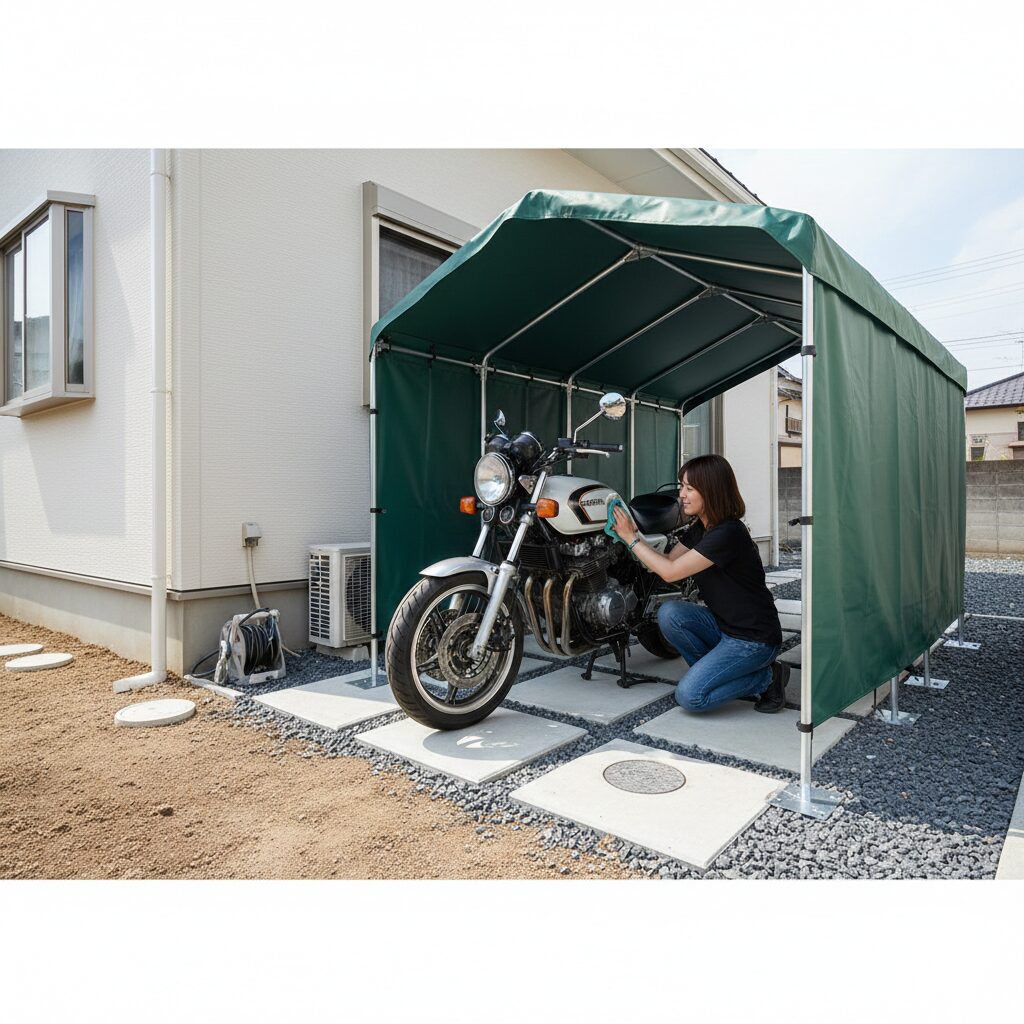 戸建ての庭に設置された簡易ガレージの下で、バイクを手入れする日本人女性。