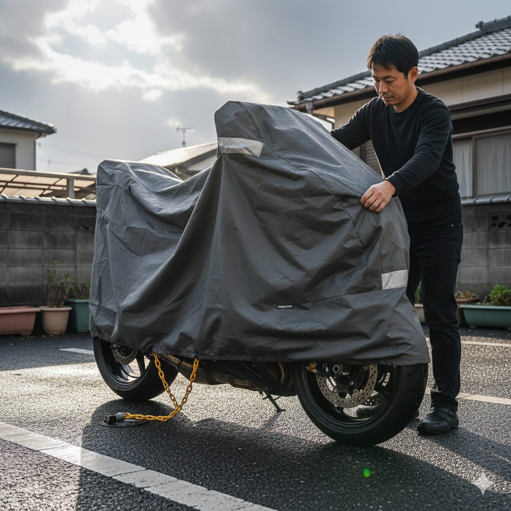 地下駐車場でバイクを地球ロックし、防犯対策を徹底する日本人男性。ディスクロックも併用している。