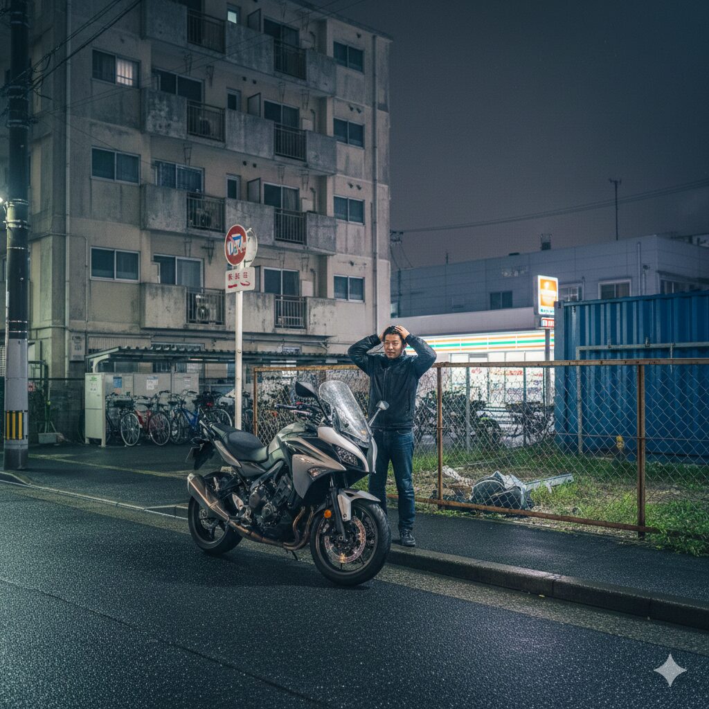 夜の住宅街で、バイクの駐車場所に困り頭を抱える日本人男性ライダー。