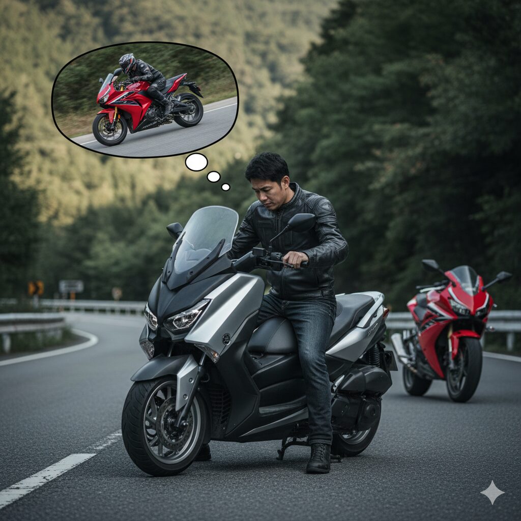 ワインディングロードでビッグスクーターに乗りながら、以前乗っていたスポーツバイクでカーブを攻めていた頃を懐かしむような複雑な表情のアジア人（日本人）男性。