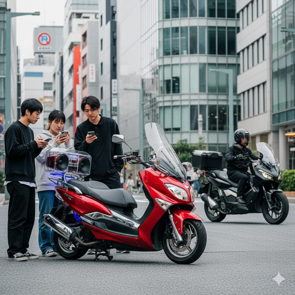 昔ながらの派手なカスタムが施された赤いビッグスクーターと、現代の洗練されたデザインのスクーターが都市の街角に並べられ、それらを比較するアジア人（日本人）の若者たち。