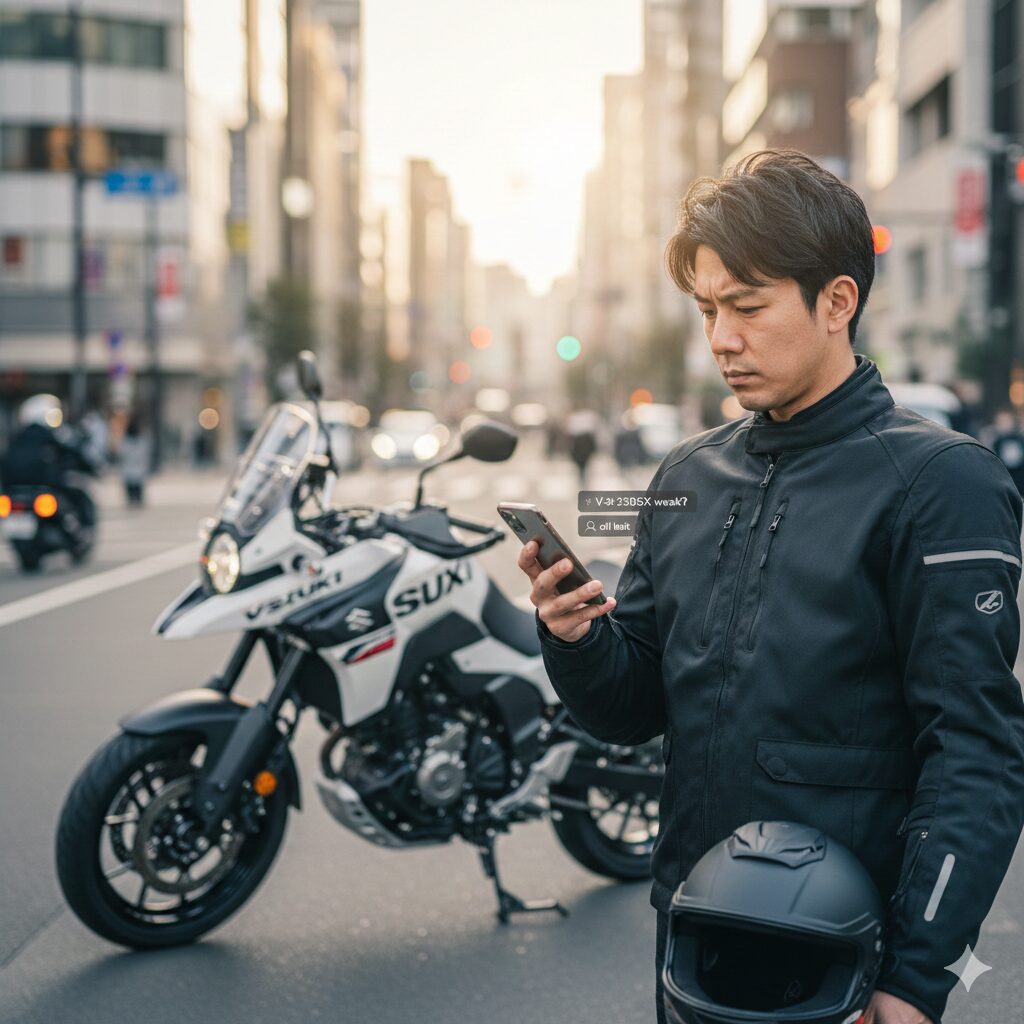 街中でバイクを見かけ、その噂について考え込む日本人ライダーの様子。背景にはVストローム250SXがぼんやりと写っています。