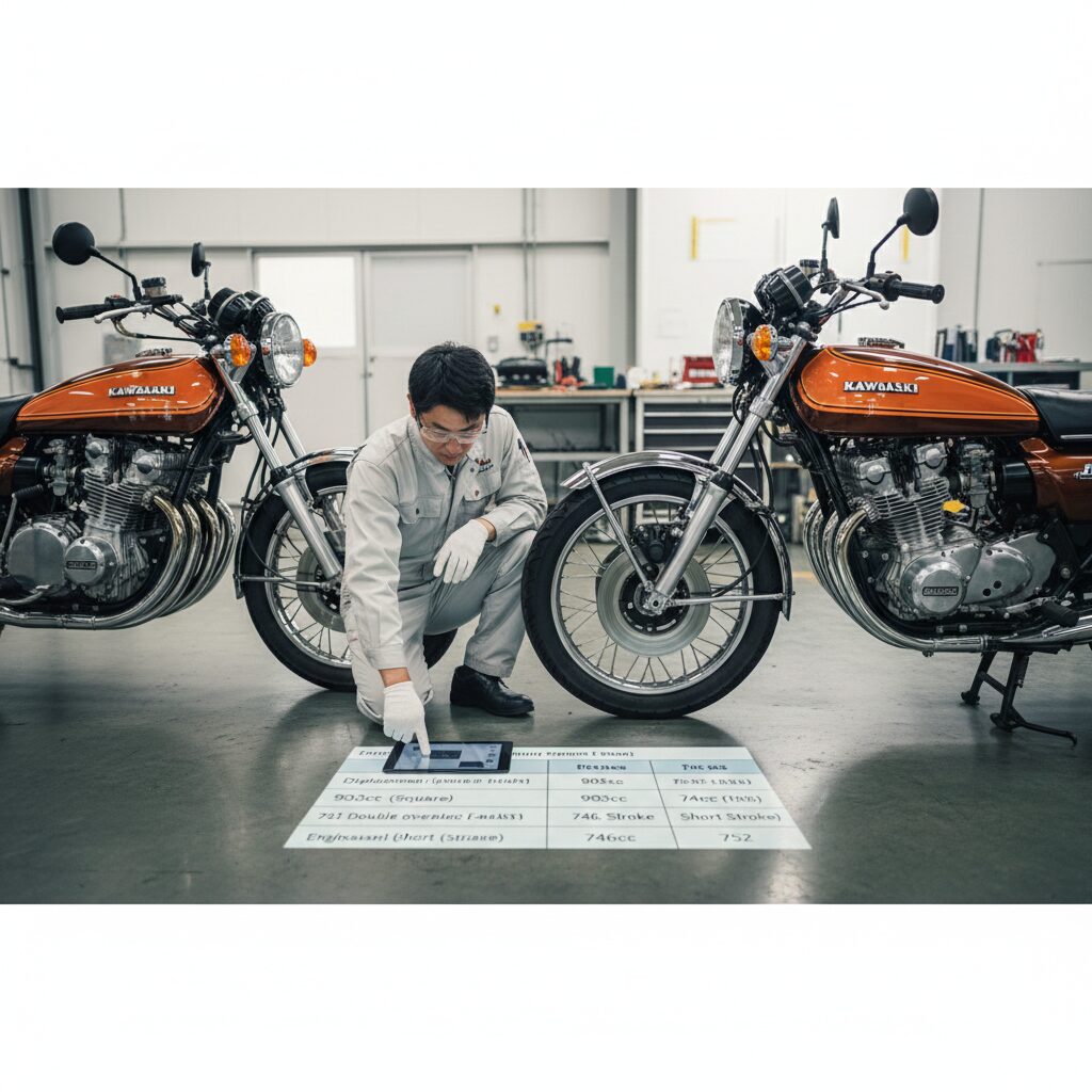 ガレージでカワサキZ1とZ2のバイクを比較する日本人技術者。床にはプロジェクターでZ1とZ2のスペック比較表が映し出されており、男性はタブレットを操作しながらその情報を見ている。