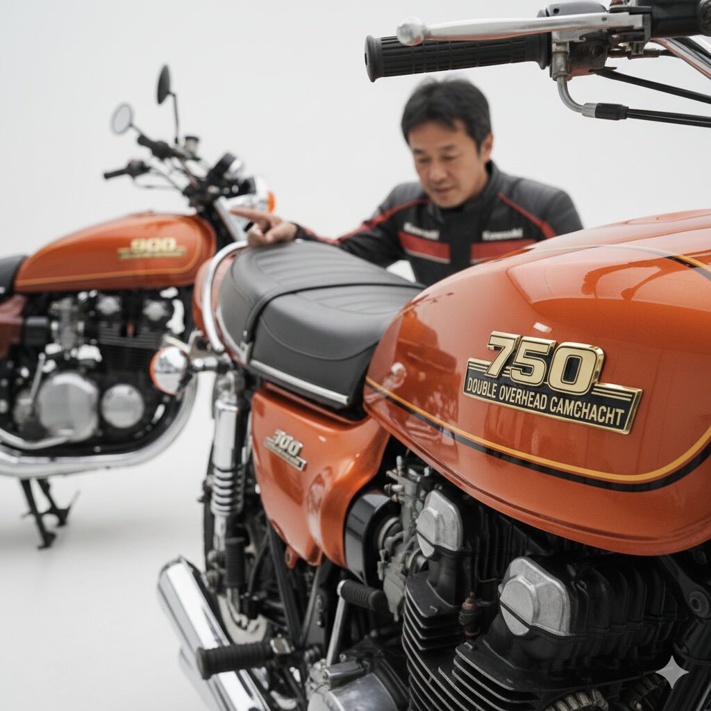 Z1とZ2のバイクを背に、Z2のサイドカバーの「750 DOUBLE OVERHEAD CAMSHAFT」のエンブレムを指さしながら説明する日本人男性ライダー。男性はバイクジャケットを着用している。