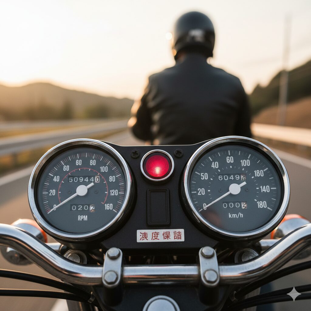 走行中のカワサキZ2のバイクのハンドルとメーター。スピードメーターとタコメーターの間に赤い速度警告灯が点灯しており、その下には「速度警告」と書かれたステッカーが見える。夕暮れの高速道路を走る日本人ライダーの背中が映っている。